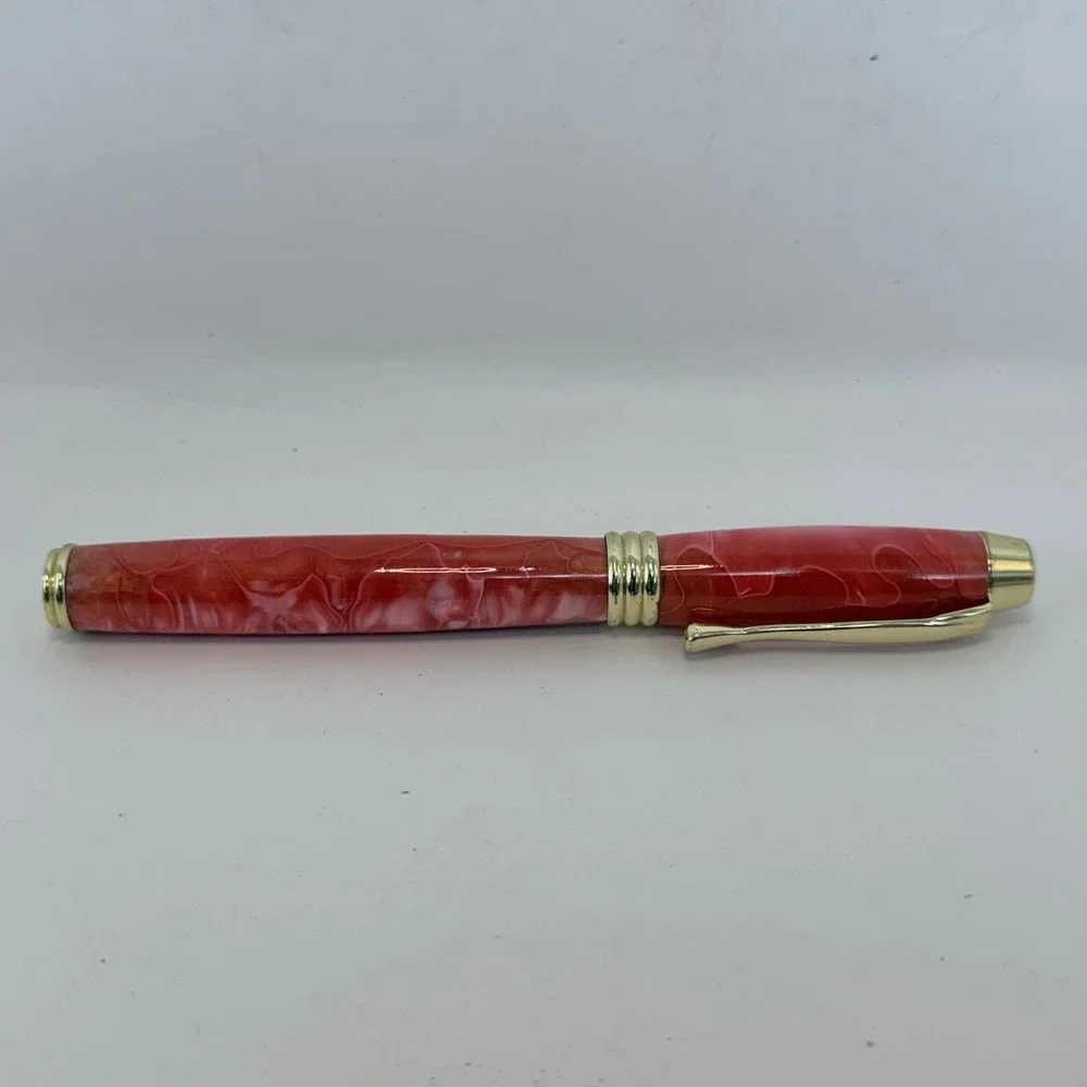 Handmade Red Marbled Acrylic Rollerball Pen Gold Trim Custom Turned Writing Tool